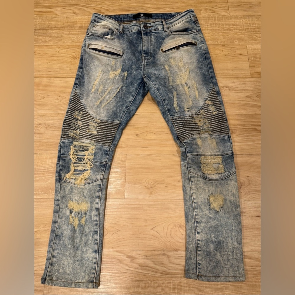 Focus Men’s Distressed Vintage Ripped Biker Jeans Stretch Fit Blue 34 x 30